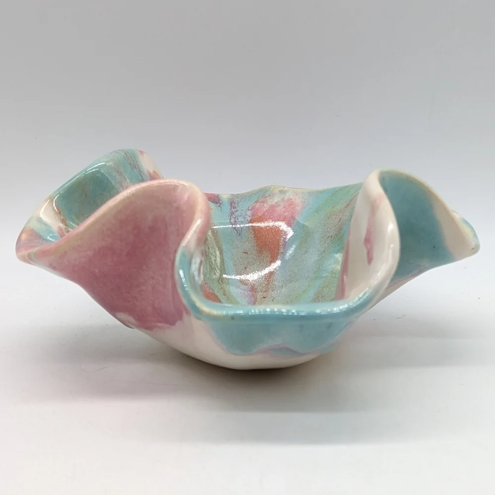Handthrown Pink Blue Orange Ceramic Abstract Ruffle Edge Dish